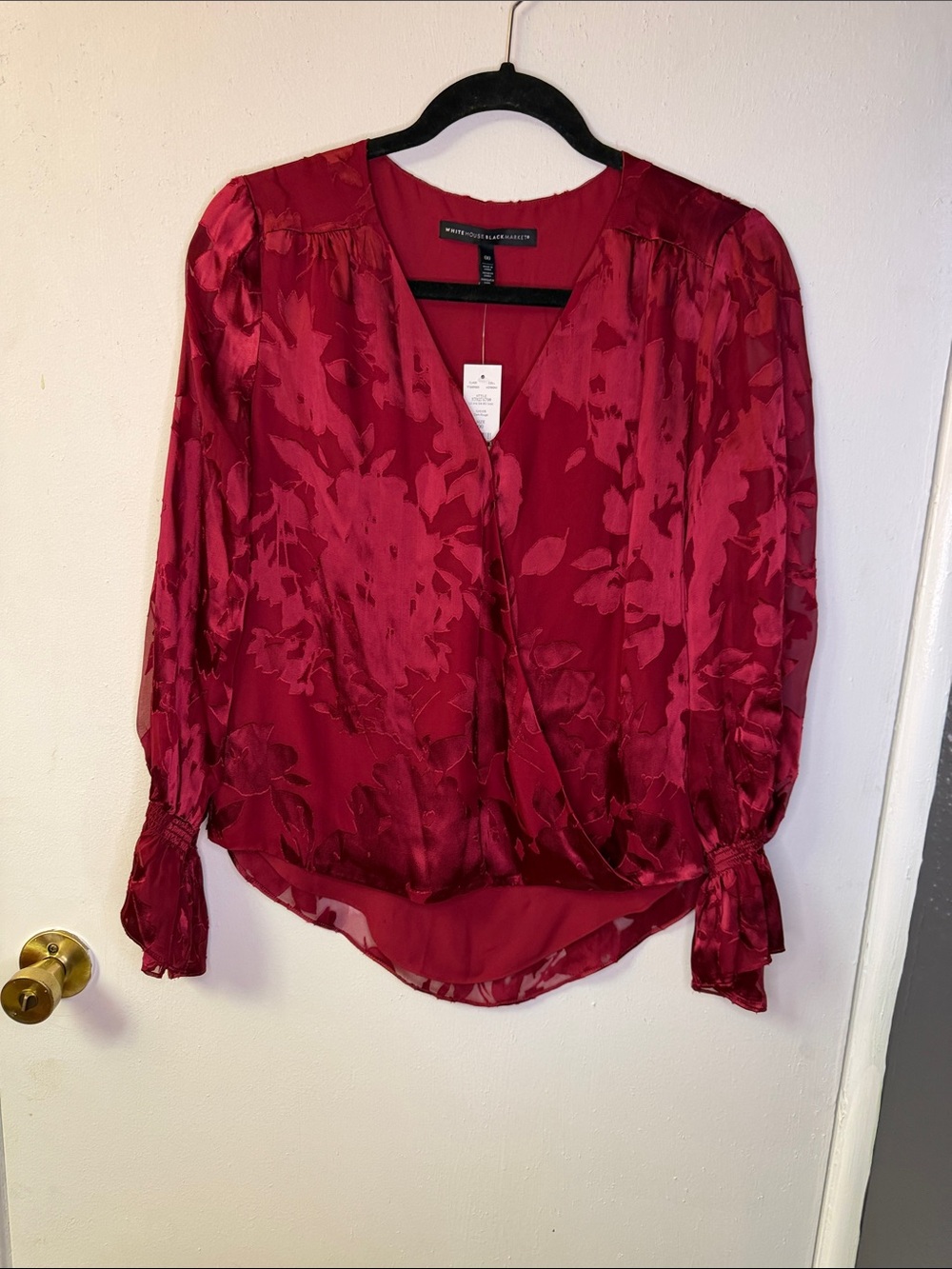 NWT Silk White House Black Market Red Floral Satin Wrap Blouse